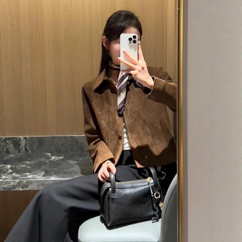 Womens Brown Faux Suede Short Cropped Blazer Jacket Chic Slim Fit Notched Collar Single Breasted