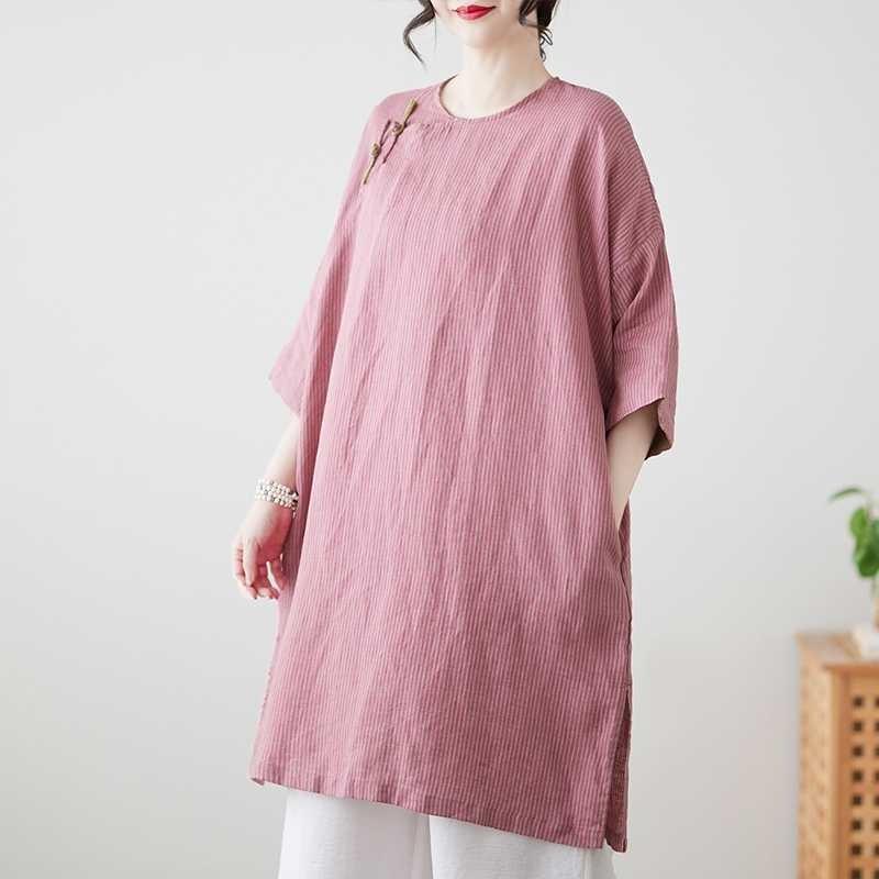 Real shot spring and summer new cotton and linen ethnic style retro buckle medium and long shirt women