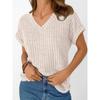 Top de punto casual suave para mujer, de color liso, con cuello en V acanalado y manga corta