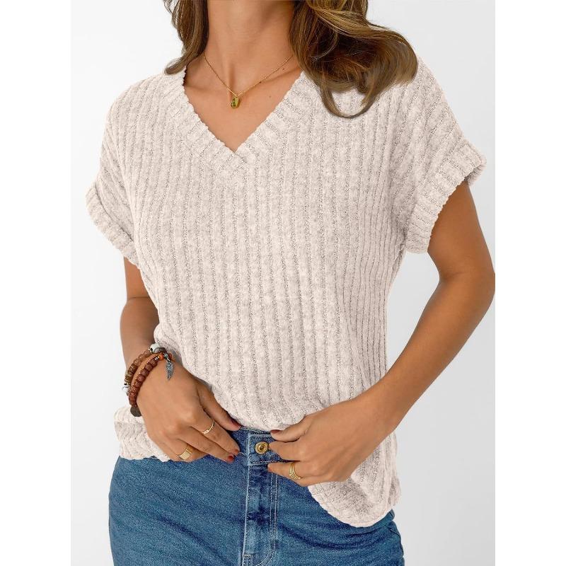 Top de punto casual suave para mujer, de color liso, con cuello en V acanalado y manga corta
