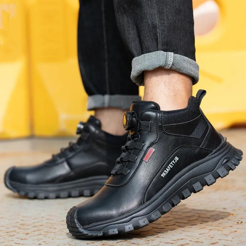 Waterproof Men Safety Shoes Rotating Button Labor Protection Shoes Leather Men's Work Boots with Steel Toe Protective Boots