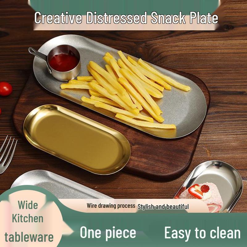 Japanese Retro Stainless Steel Oval Accessory Tray - Creative Gold Dessert and Towel Plate