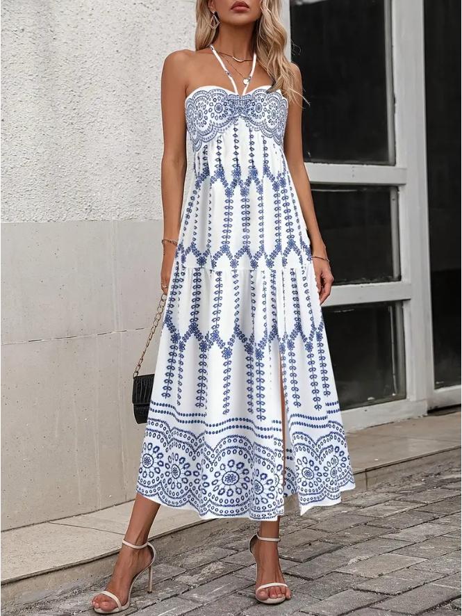 

Новый богемный стиль, комплект: длинная юбка с принтом на высокой талии с лямками XXL синий/белый