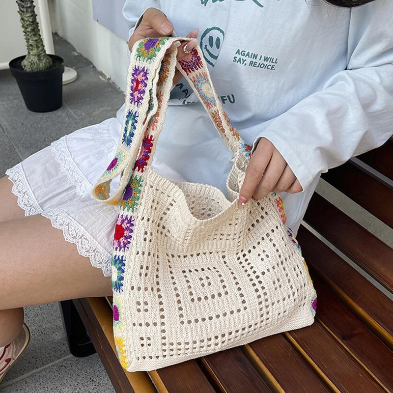 Large Capacity Fashion Cut-out Boho Tote Bag Trendy Floral Crochet Handmade Knitted Bag Vintage Multicolor Hollow Out Handbag