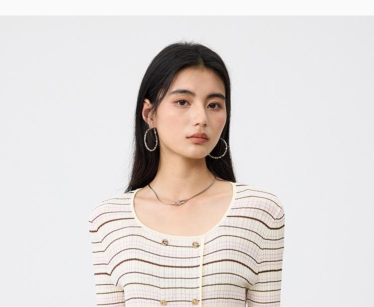 Square Collar Striped Knitted Sweater for Women In the Summer of 2026, Double Breasted Slim Fit and Slimming, Mid Sleeve Style Base Top