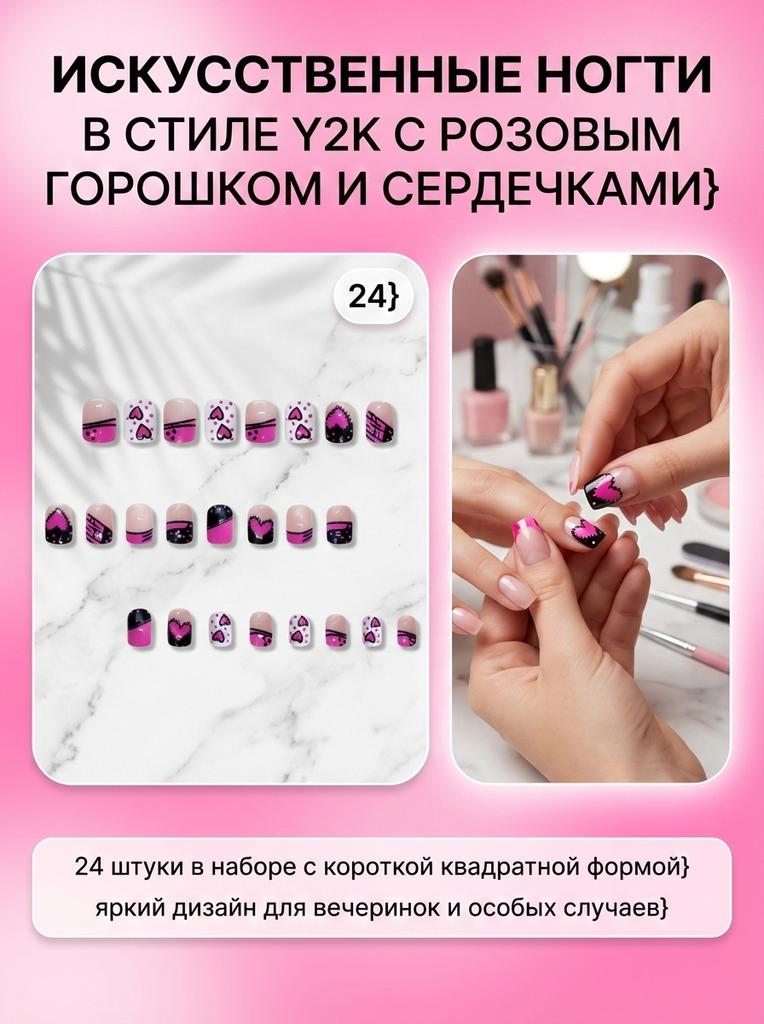 24Pcs Artificial Nails Y2K Style Pink Polka Dot Heart Design Fake Nails Short Square Shape For Party Gift