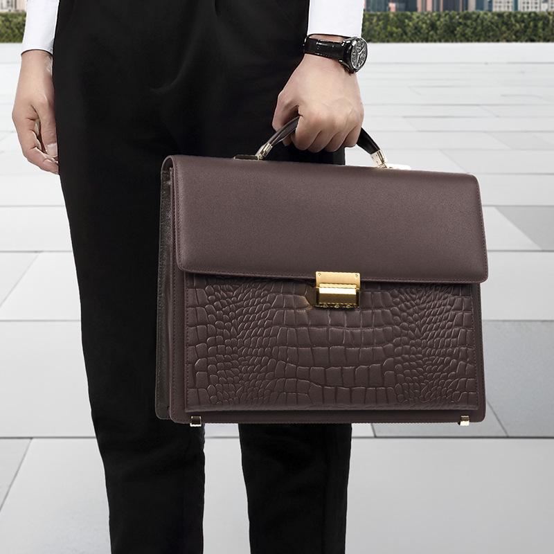 Genuine Leather Men's Business Briefcase, Anti-Theft Lock, Versatile Cowhide Computer and Handbag