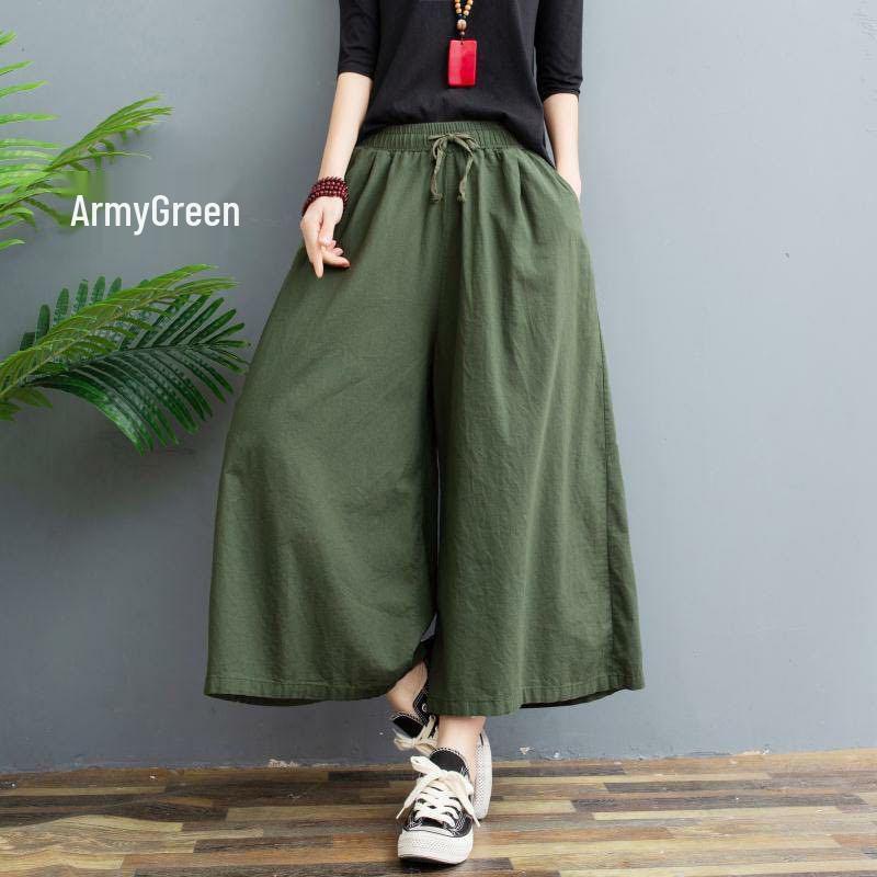 Plus Size Summer Cotton Linen Wide-Leg Pants - Lightweight, Versatile Eight-Point Culottes