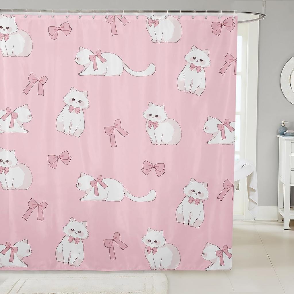 Kawaii Cat Shower Curtains,Cute Pets Animal Bathroom Curtain Girls Boys Teens Adult Room Decor,Pink Bowknot Heart Waterproof
