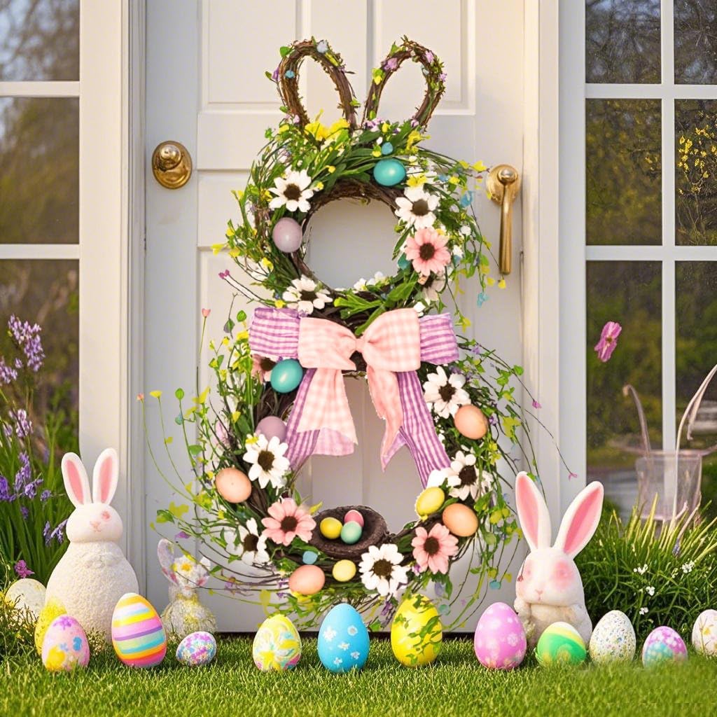 25 Inch Easter Bunny Wreaths for Front Door Decoration,Easter Door Wreath with Pastel Eggs Artificial Floral Decorations for Home Indoor Outdoor