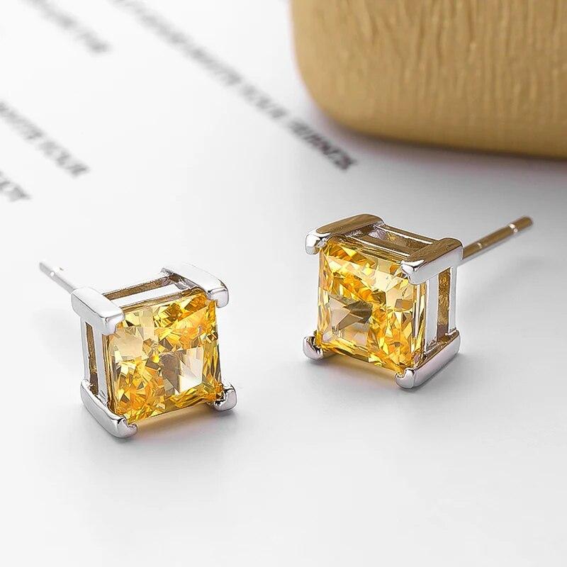 Ohrstecker aus Sterlingsilber, 100 % 925, 6 x 6 mm, gelber Aquamarin-Diamant mit hohem Kohlenstoffgehalt, funkelnder edler Schmuck