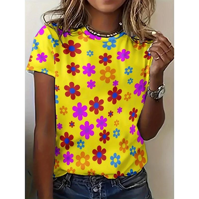 Summer Flower 3D Printing Fashion Street Trend T-Shirts Casual Loose Short Sleeve Round Neck Women's T-Shirts