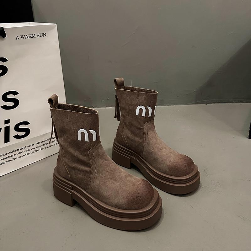 European Station Women's Boots 2025 Autumn New Leather Thick-soled Heightened and Thin Elastic Martin Boots Short Boots Women
