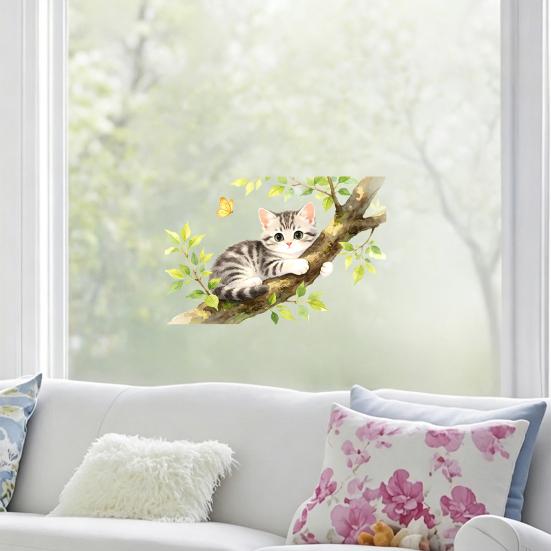 Yousheng Cartoon Cat On The Tree Branch Window Cling, Cute Watercolor Cat Butterflies Plants Window Sticker for Kids Room Bathroom Living Room