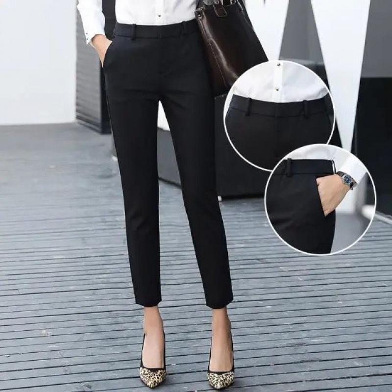 High Waist Women's Straight-Leg Suit Pants - Casual Korean Style, Black, Thin Fabric for Spring, Autumn, Summer