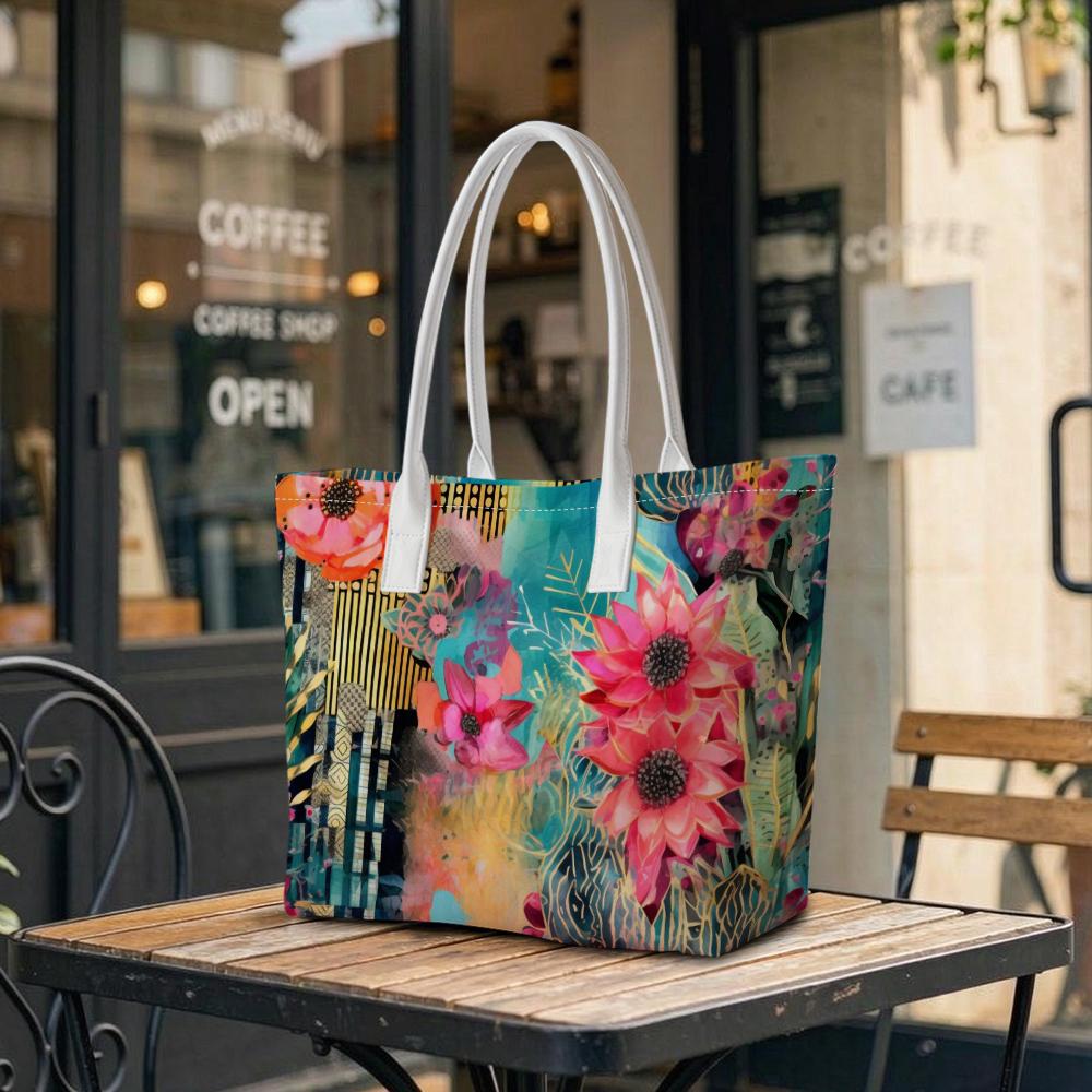 Vibrant Floral Pattern Tote Bag for Daily Casual Commute Shopping Use