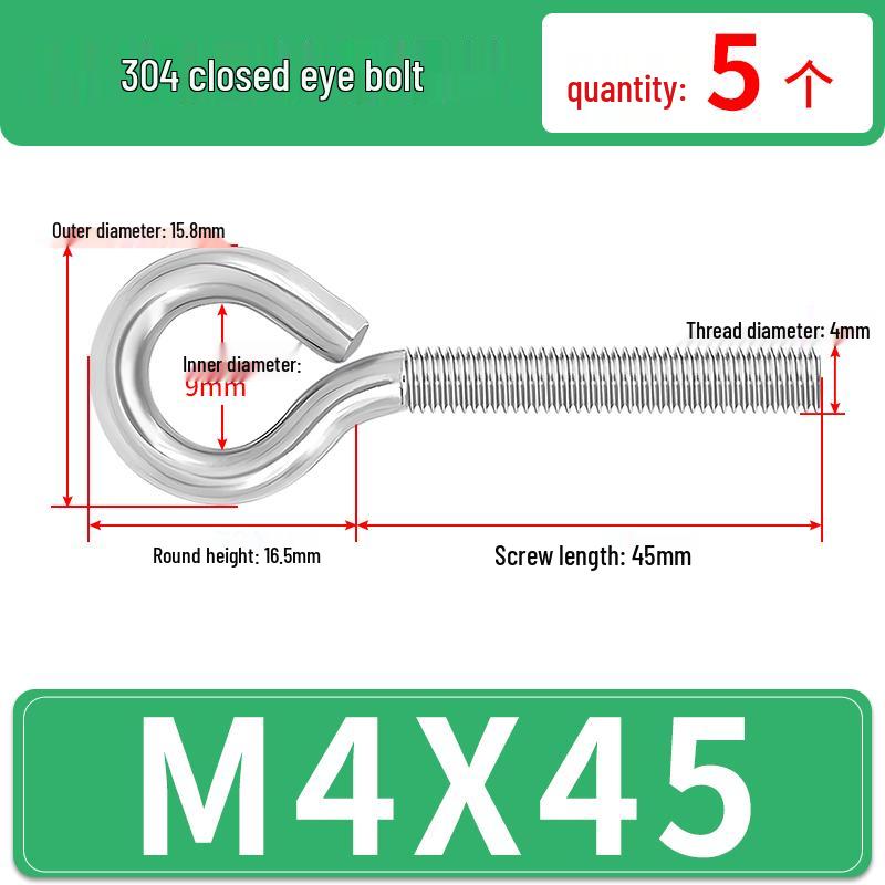 304 Stainless Steel Eyebolt with Ring Hook – Machine Thread Closed Eye Bolt (M4 M5 M6 M8)