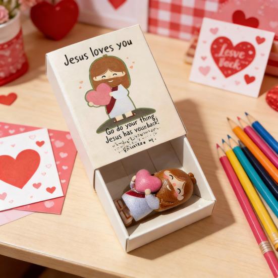 Jesus Love You Matchbox Decoration Match Box with Holding Love Heart Mini Jesus Figurine Inside Valentines Day Easter Religious Ornament Gift