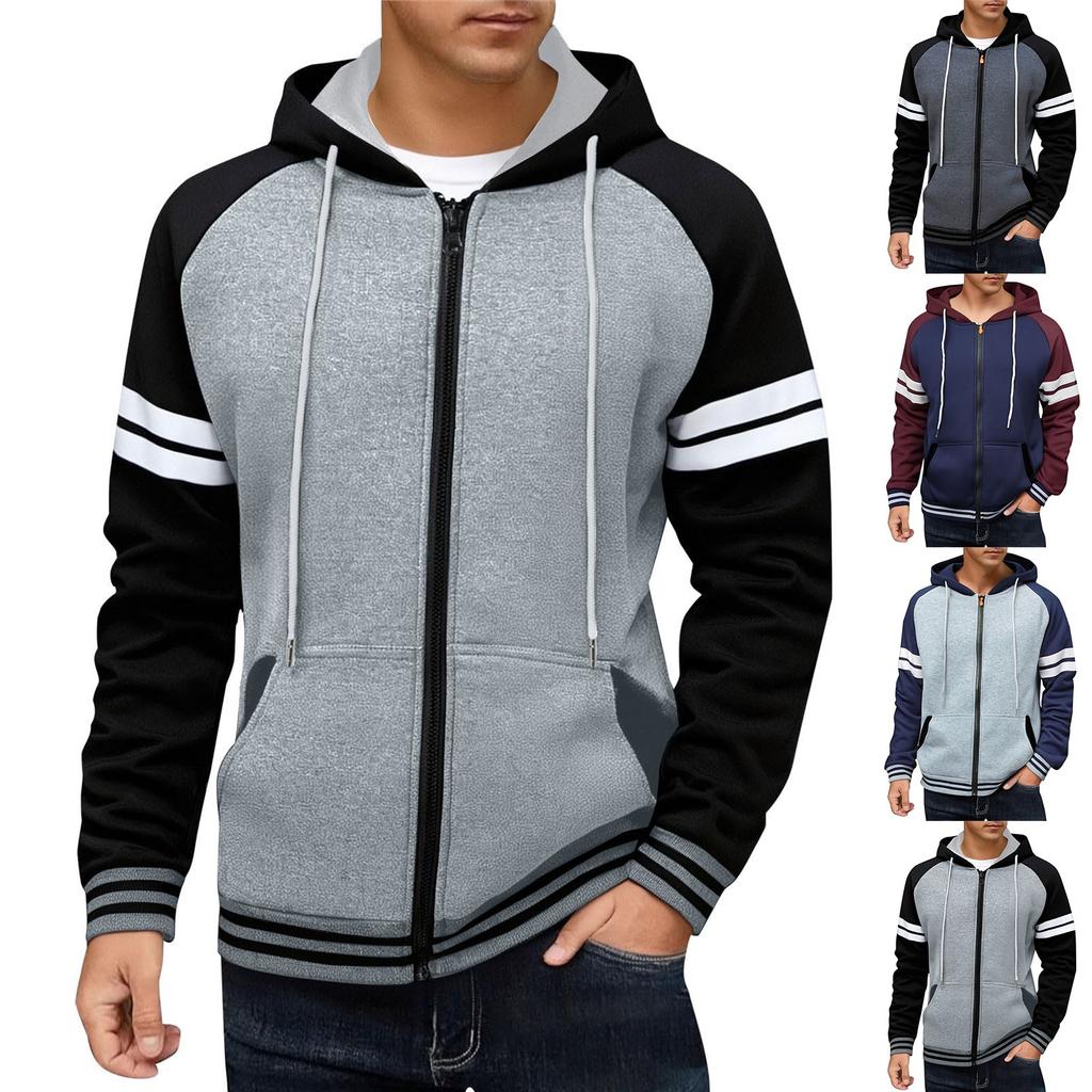 Mens Full Zip Hoodies Striped Color Block Casual Hooded Sweatshirts With Pockets Fashion Patchwork Jackets Outwear