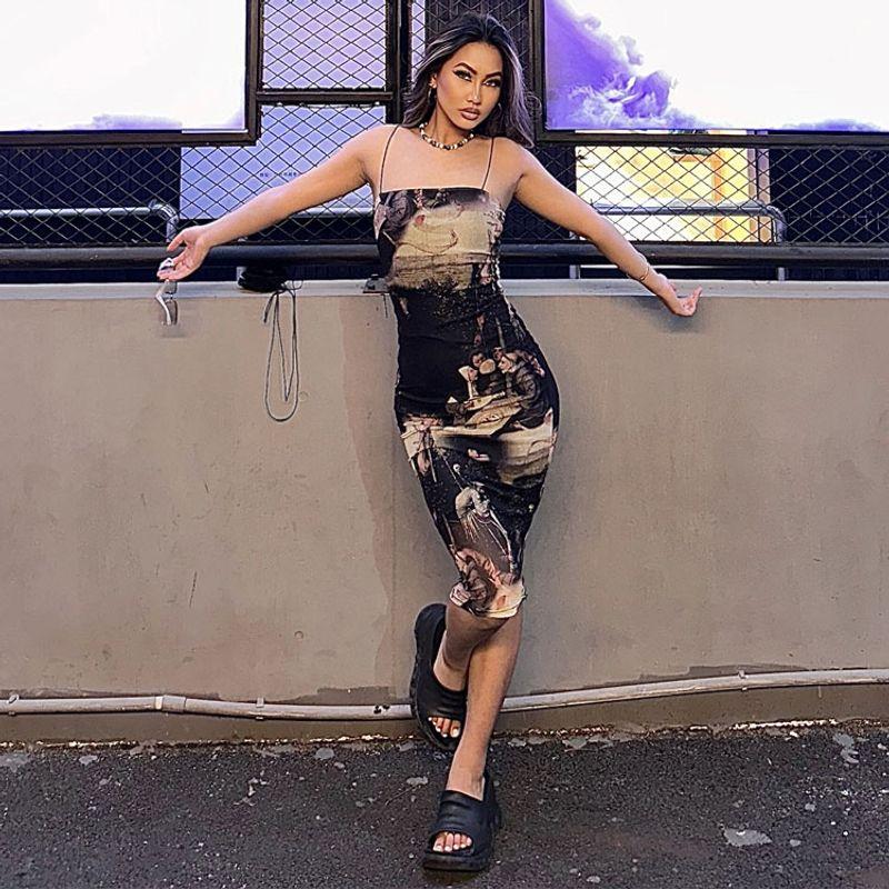 

Винтажный принт Слим Холтер Юбка Новое поступление Мода Инста-стиль Бретели Открытые плечи Слим Топ-труба Платье Black S