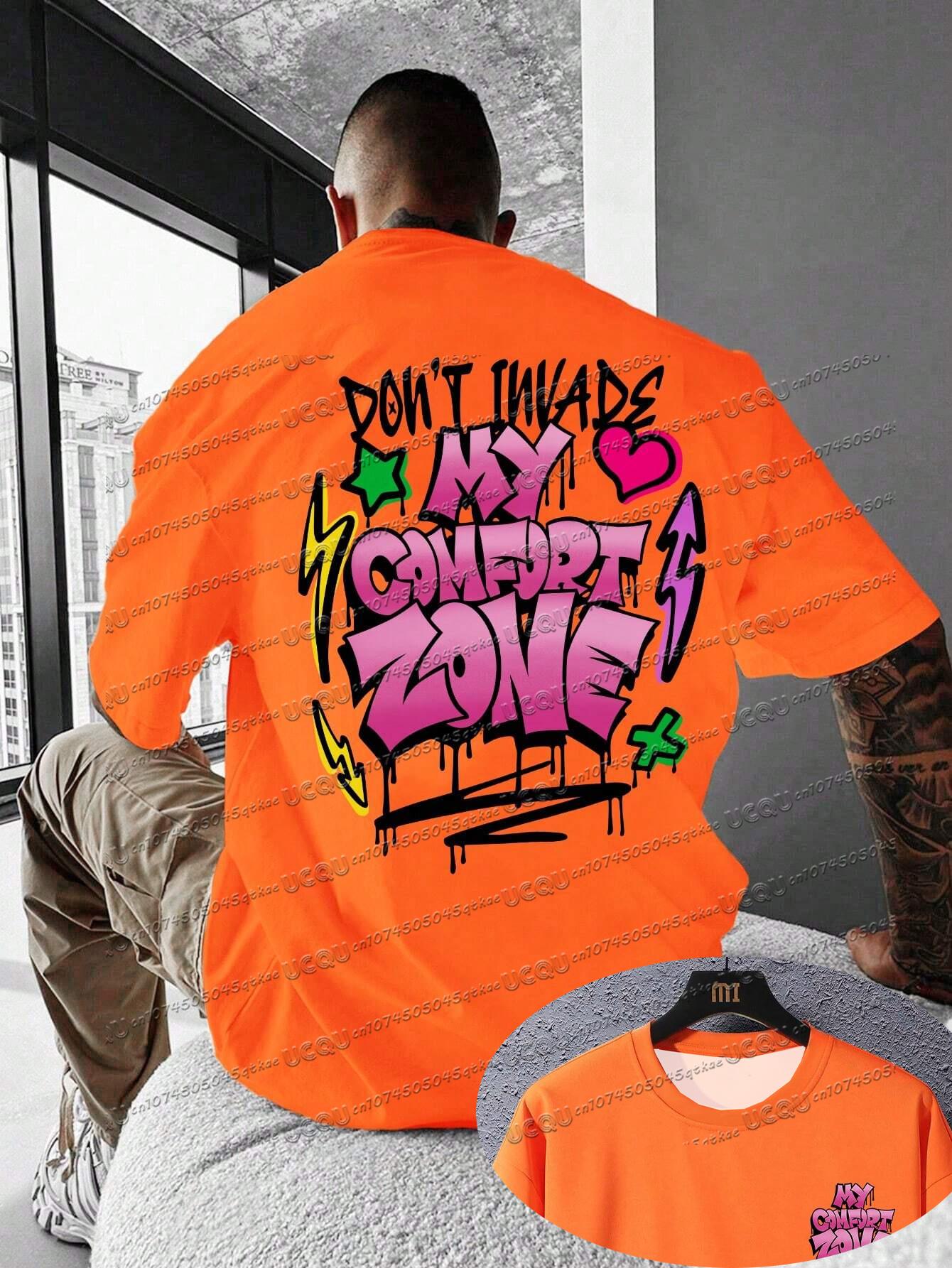 BenberFashion Mijn Comfortzone Heren Slogan Print Korte Mouw Kleurrijke Graffiti Casual T-shirt Vriendje Cadeau Mode en Trendy Streetwear Top 4XL