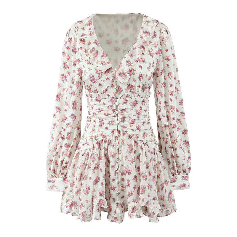 

Encounter Flowers for Love French style Romantic Gentle Floral Frill Waist Hugging Slimming Long sleeve dress Smash flowers L