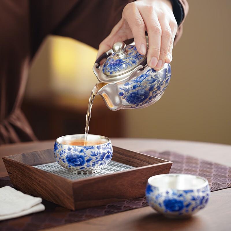 Mantinghua Gilt Silver Blue & White Porcelain Kung Fu Tea Set