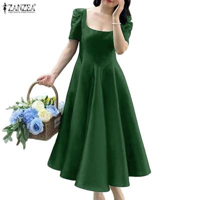 Women Summer U-Neck Casual Short Sleeve Elegant Long Dress