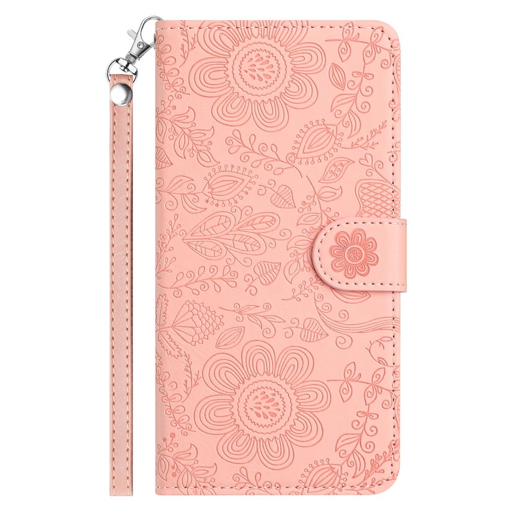 For iPhone 16 Pro Case Flower Imprint Leather Flip Wallet Phone Cover with Wrist Strap