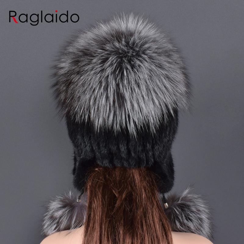 Natural Fur Hat For Women Real Mink Fur and Fox Fur Handmade Winter Female Cap Genuine Fur Lined Beanies Big Fox Fur Pompom Hats