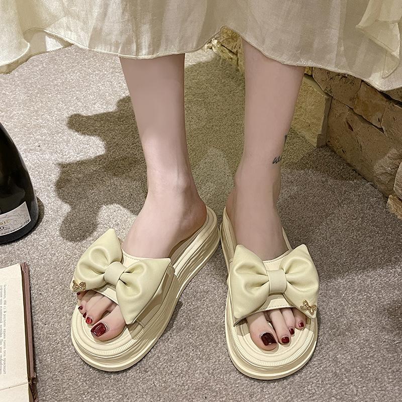 High-end women's cool slippers summer wear beautiful bow one-word drag versatile fashion women's shoes