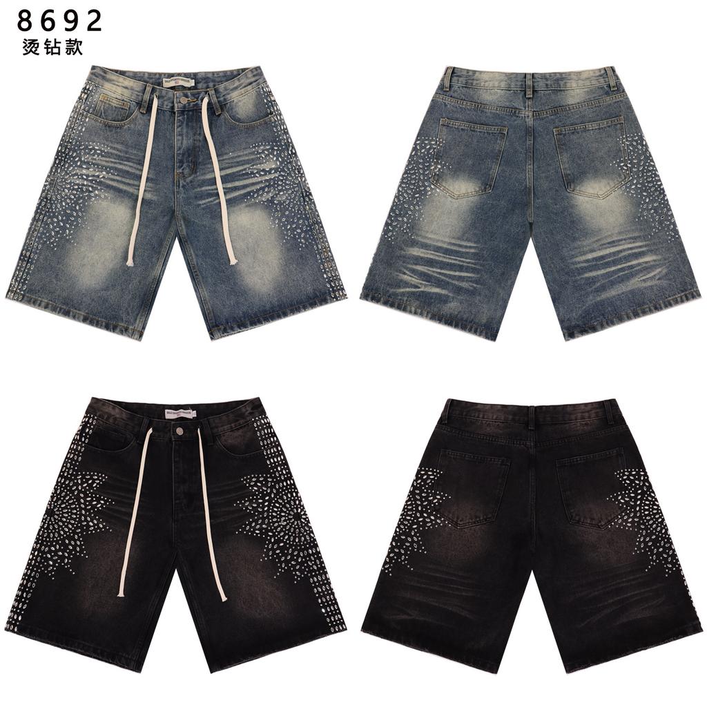 Men's Side Gradient Rhinestone Denim Shorts, Vintage Hip Hop Street Loose Drawstring Knee Length Shorts
