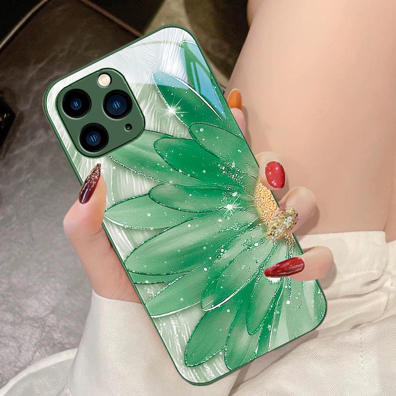 

Half Sunflower Yellow For IPhone 16 Pro Max 15 Pro 14 13 12 Mini 11 XS M Ax XR 7 8 Plu SE 2022 Tempered Glass Phone Case For iPhone 16 Pro