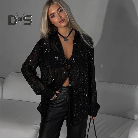 Chemisier boutonné à paillettes pour femme, manches longues, revers brillant, coupe ample et décontractée, idéal pour le travail, les loisirs et le quotidien