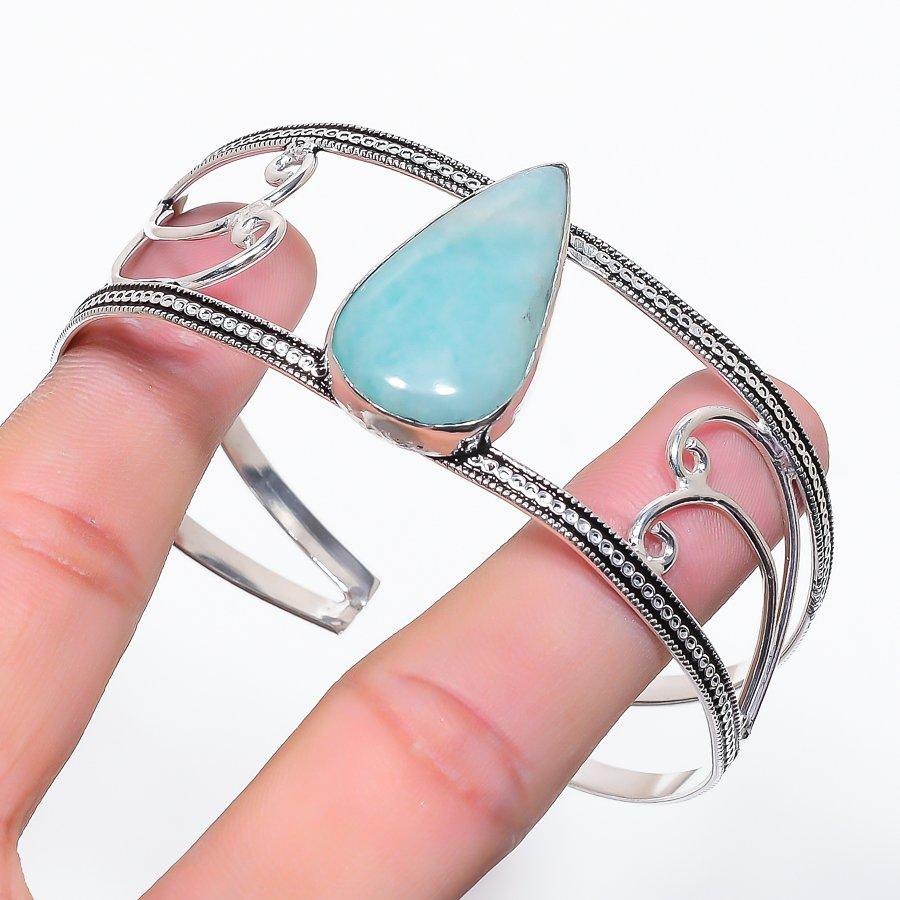 Natural Amazonite Gemstone 925 Sterling Silver Cuff Bangle Adjustable Z7O40