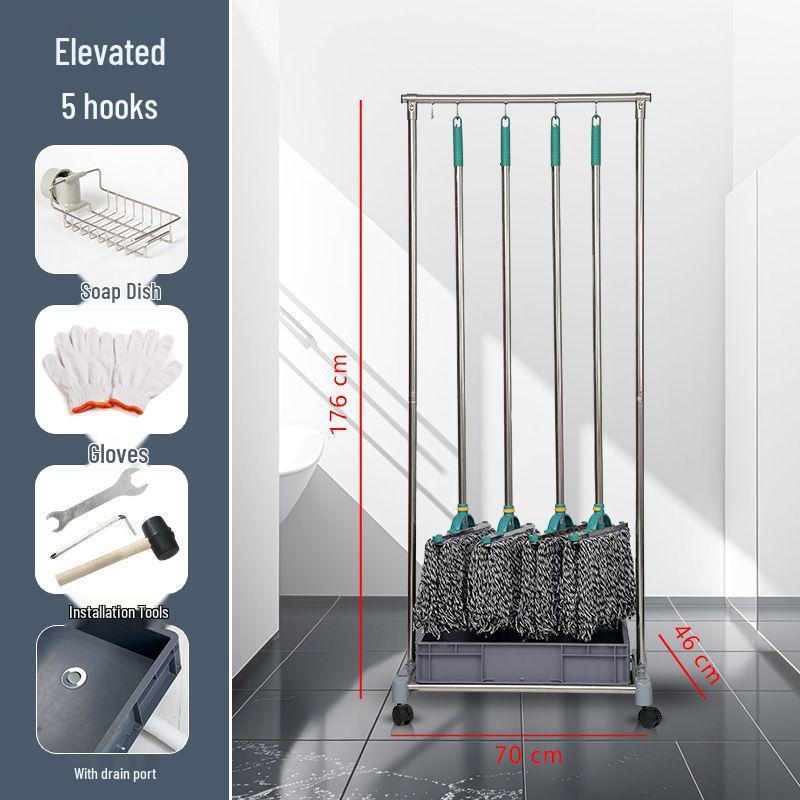 Movable Stainless Steel Mop Storage Rack with Hooks for Floor-Standing Draining in Schools and Factories