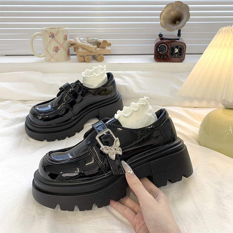 British style small leather shoes women's loafers single shoes thick heel platform spring and autumn fashion round head new height-increasing Japa