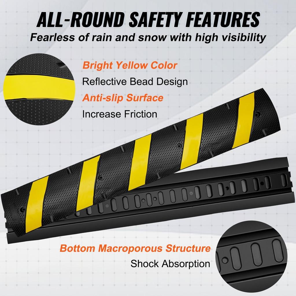 2PCs 6 Ft/72'' Rubber Speed Hump, 2 Channel, 22000 Lbs Capacity Heavy Duty Traffic Speed Bump, with High Reflective Yellow Strip 8 Expansion Screws