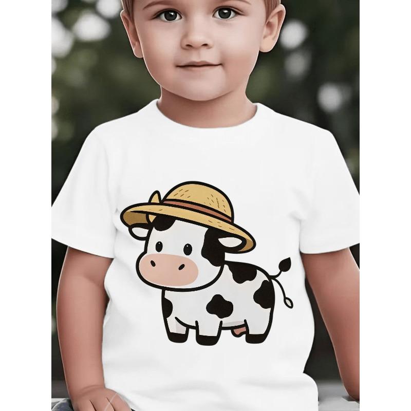 European sizes Boys' Cow Print T-Shirt - Short Sleeve Round Neck Casual Shirt with Cute Cow Patterns, Spring Summer Fall Outfits Suitable for