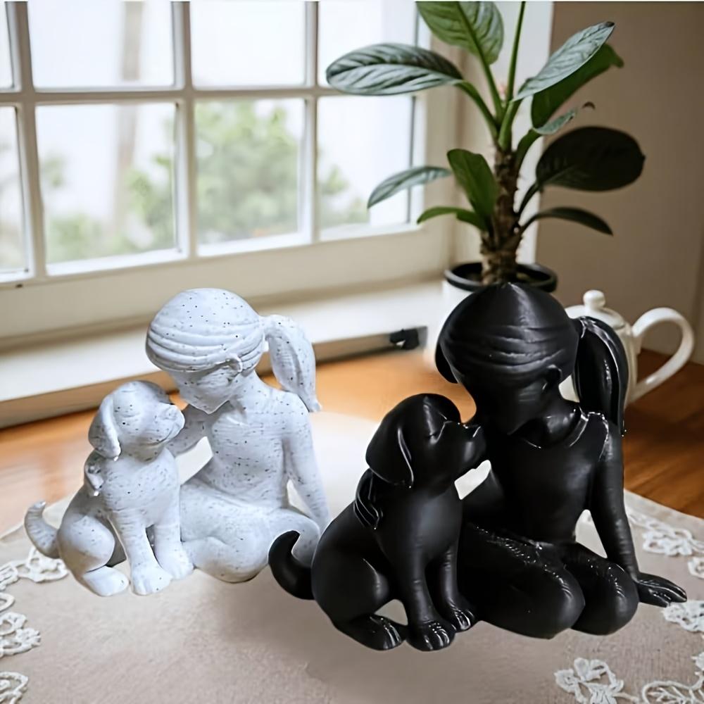 Elegant Style Girl and Her Little Dog Sculpture, with Unique Spots or Stone Textures, Suitable As A Warm Desktop In The Home