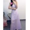 Sexy französisches lila geblümtes Hosenträgerkleid Feenprint langes Kleid Urlaub taillebetont A-Linien-Kleid
