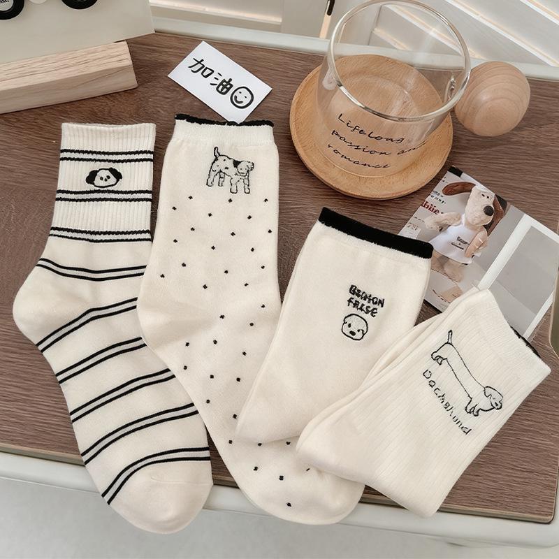 Women's Pure Cotton Cartoon Puppy Mid-Calf Socks - Soft, Cute, Embroidered Dog Design