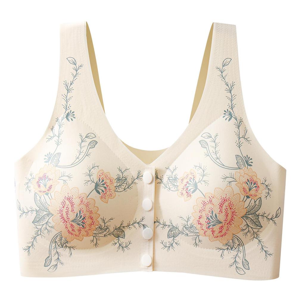 Women New Chinese Style Printed Front Buckle Wireless Comfortable Gather Bra