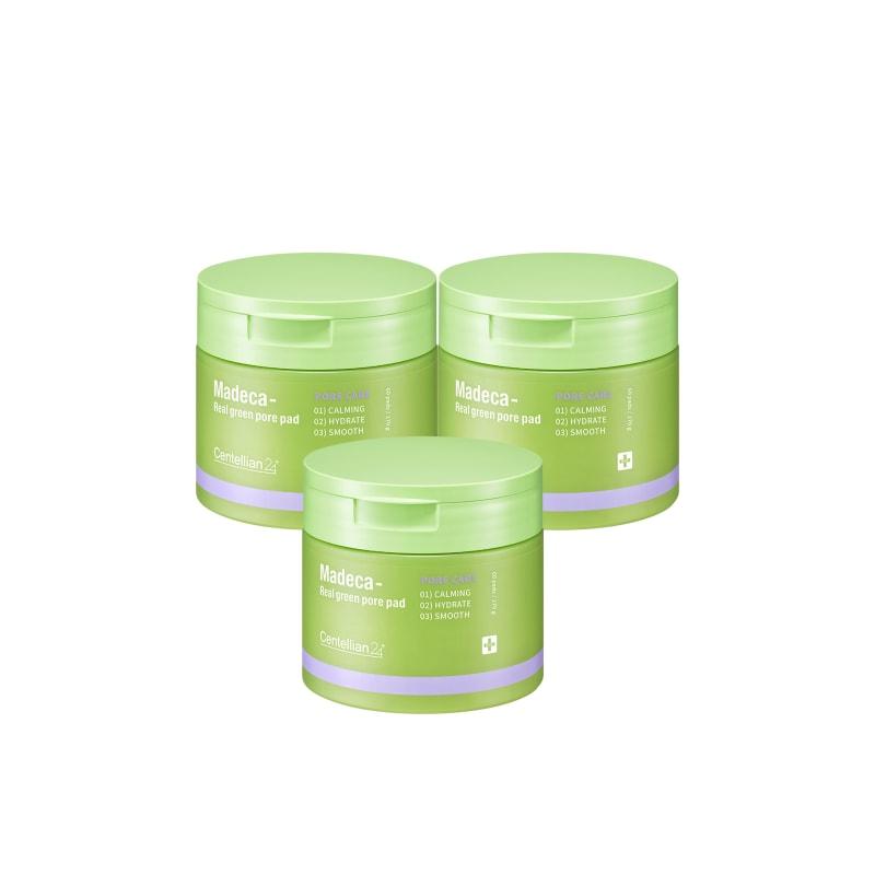Madeca Real Green Pore Pads (60 Sheets, 3 Packs) with Centella Asiatica Essence, Soothing, Cleaning, Tightening, and Brightening
