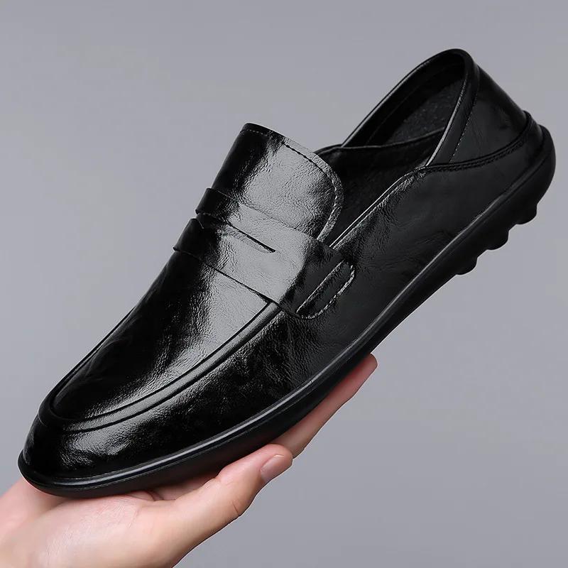 

New Men Leather Casual Shoes Comfortable Soft Sole Flat Shoes Fashion Cool Slip-on Loafers 44 чорний