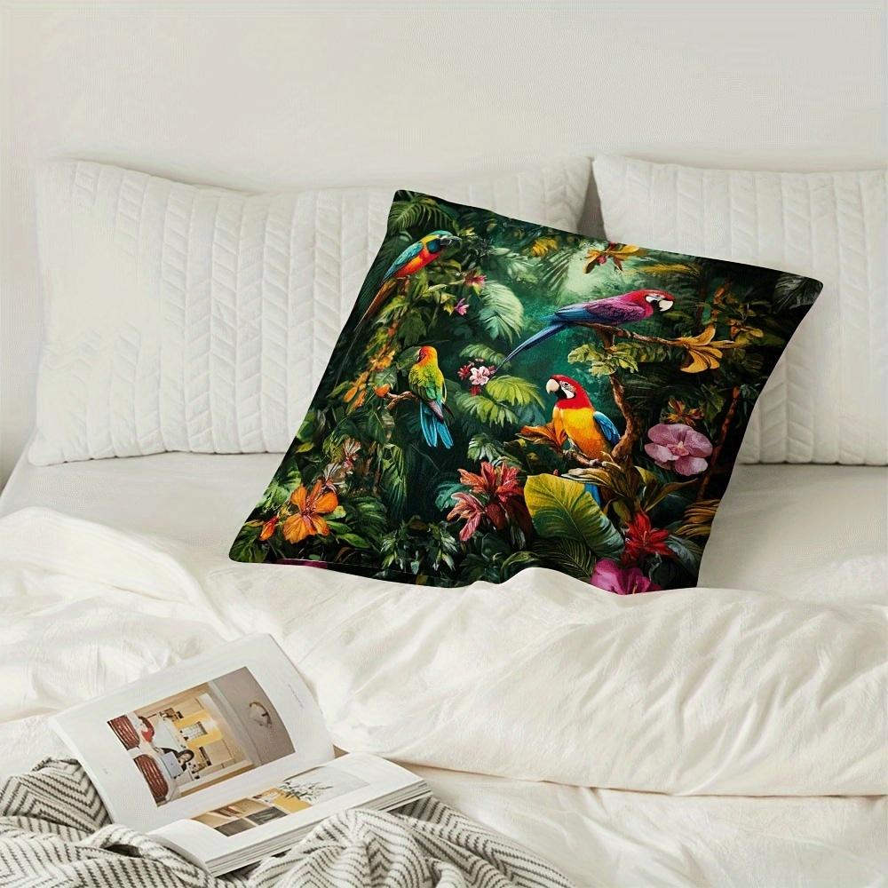 2D Flat- Tropical Jungle Macaw Parrot Throw Pillow Cover Vibrant Rainforest Botanical Home Decor Cushion Case