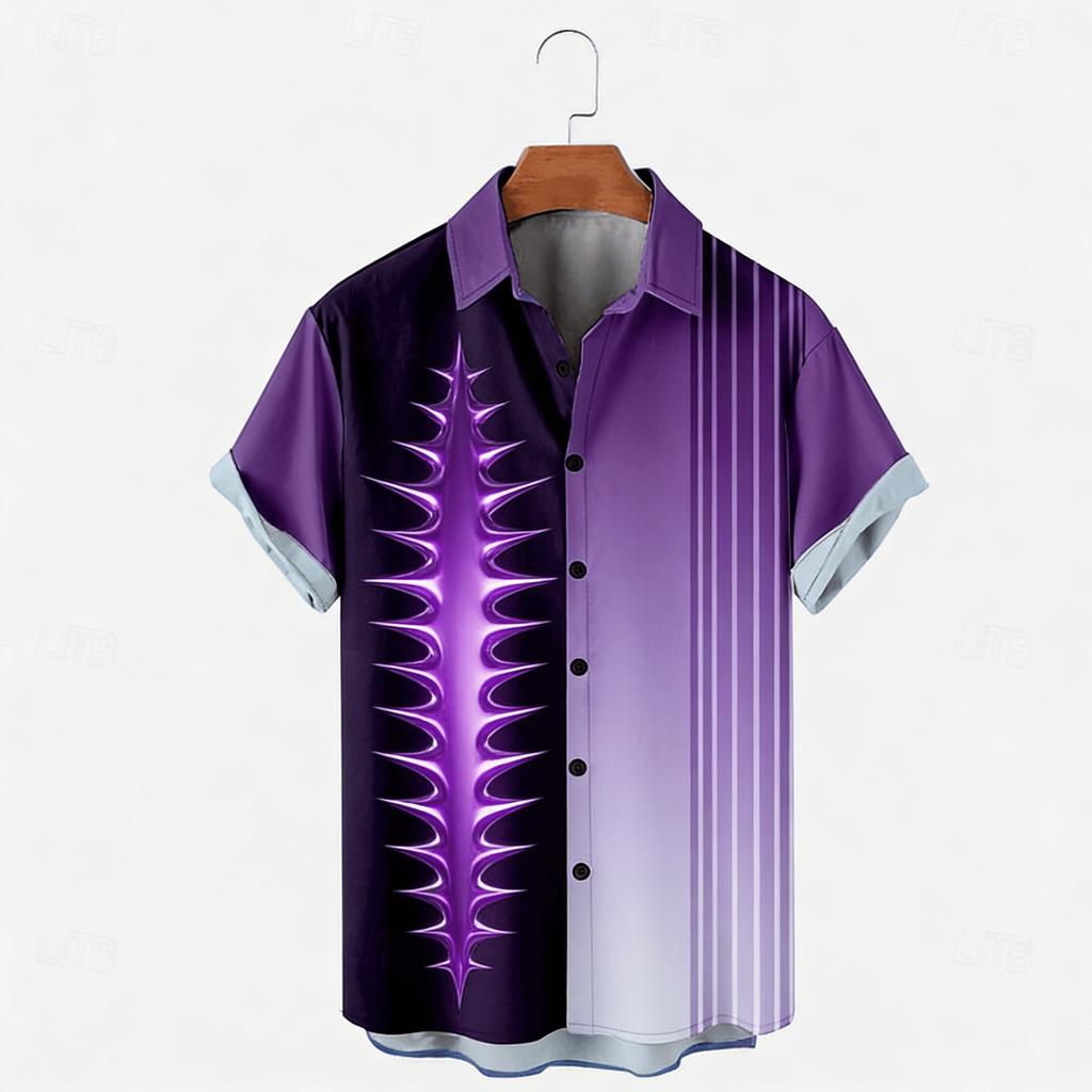 Retro Contrasting Vertical Stripe Shirt Gold Totem Short Sleeved Men's Loose Summer Daily Shirt