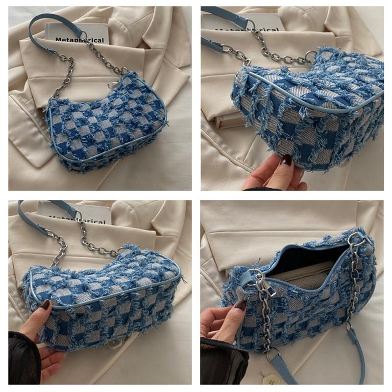 Womens Star Pattern Chain Decor Small Shoulder Bag Trendy Vintage Y2k Denim Underarm Bag Korean Star Women's Handbag Lady KTY