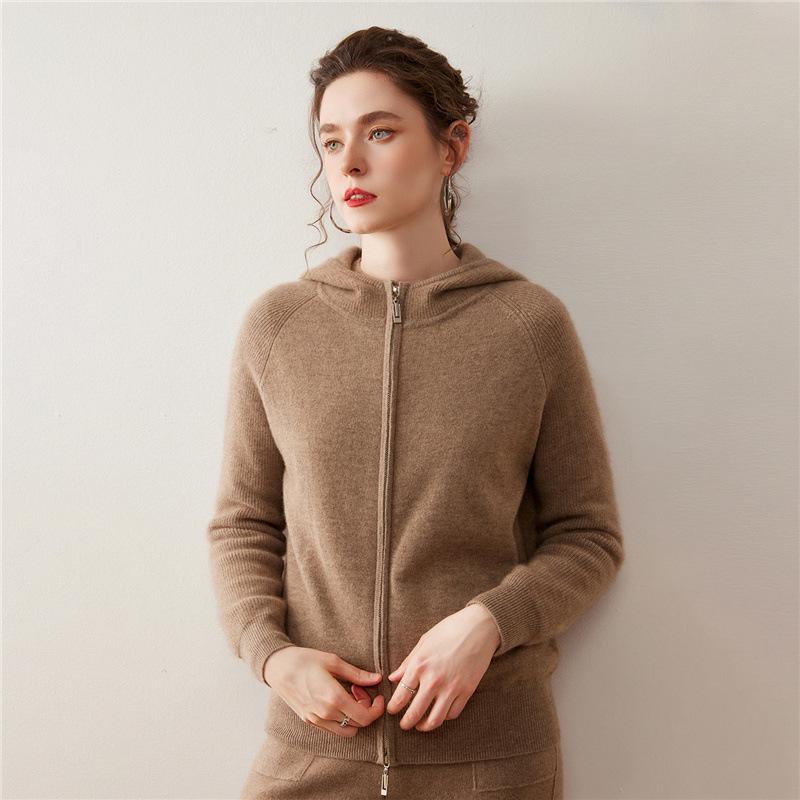 Women's Thickened Double Zipper Cashmere Cardigan - Solid Color, Loose Fit, Slimming Knit Hoodie for Autumn and Winter.