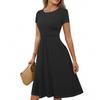 Women's Casual Fashion Round Neck Pleated Short Sleeve Solid Color A-Line Midi Dress